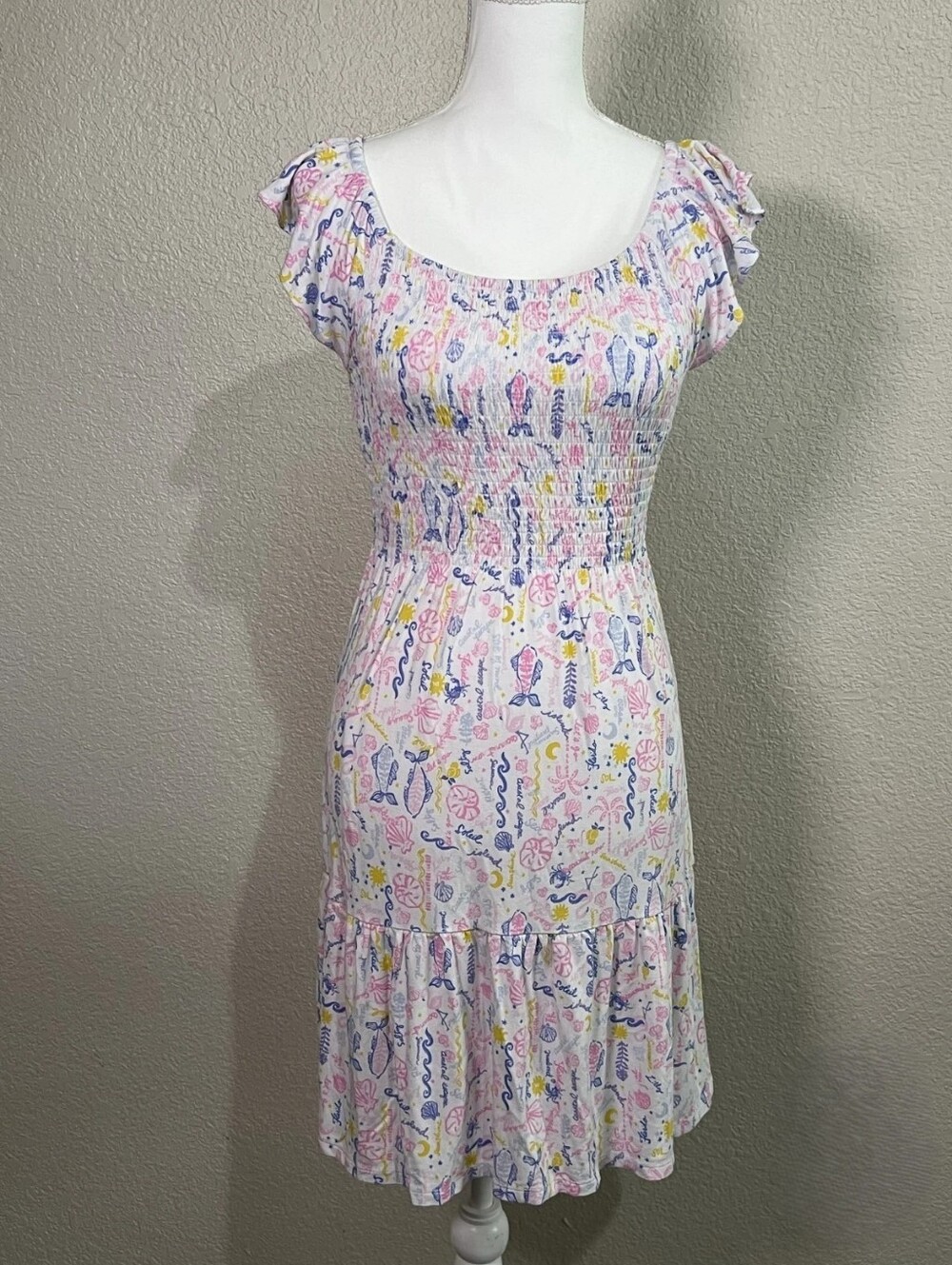 Smocked Waist Floral Print Summer Dress in Pastel Pink
